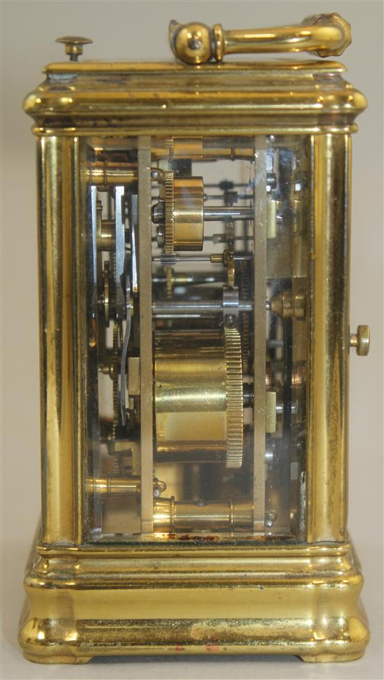 A late 19th century French Drocourt & Co brass hour repeating carriage clock, 4.25in.